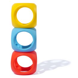 Colorful stacking rings, sensory toy for babies and toddlers. Rings are made of soft, durable plastic in red, yellow, and blue colors. Designed to develop fine motor skills and hand-eye coordination.