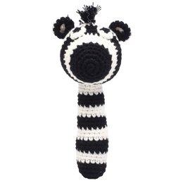 Soft, crocheted zebra-patterned rattle stick for babies. Features a round, textured body and a long, striped handle for easy grasping.
