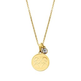 Gold-toned necklace with a round pendant featuring the Gemini zodiac symbol and a small crystal accent.