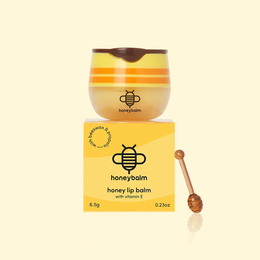  Golden yellow honey lip balm with bee logo, natural moisturizing balm, wooden applicator spoon included.