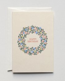 Colorful floral wreath with "Happy Birthday" text on a beige greeting card.