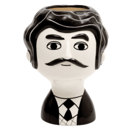 'Vase Carlos b/w - A black and white ceramic vase with a stylized face design. The vase has a simple, modern shape and a bold, graphic pattern.'