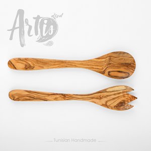 Handgemaakte olijfhouten saladeservers | Houten lepel en vorkset