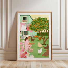  A vibrant, whimsical illustration depicting a young girl surrounded by chickens in a pastoral setting with a tree and a pink and green house in the background.