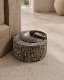  "Stone door stopper, round cylindrical shape, textured gray stone, aged iron ring handle, rustic style"