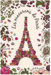 Colorful tea towel featuring an Eiffel Tower design made of macarons, surrounded by various food items like fruits, vegetables, and pastries. The text "Les macarons de Paris" is prominently displayed.