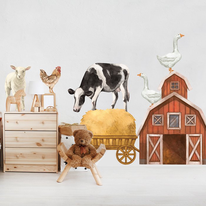 Houten muursticker   Boerderijdieren varken paard koe kip schaap   naturel – Koosje decoraties