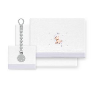 3 PCS Bedding COT 60x120 (Sheet155x110+gemonteerd S.120x60+Case60x40) Coral Flecce+Pacifier Holder - Mod. Oso -luna - met grijs