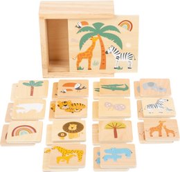 Wooden board game with safari-themed illustrations including animals, palm trees, and rainbows. Suitable for children's play and learning.