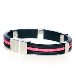Silver and pink bracelet with a sleek, modern design. Features a black and pink braided band with metal accents.