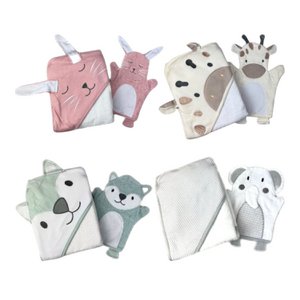 2er Pack Baby Badeset » Kinder Kapuzen Badetuch & Waschhandschuh Frottee » reine Baumwolle » Wasch Handschuh & Handtuch