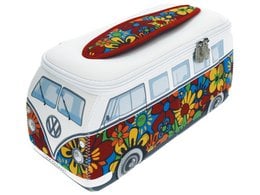 A large, colorful Volkswagen VW T1 Bus 3D Neoprene Universal Bag with a floral "Flower Power" design. The bag features a vibrant, psychedelic pattern of flowers, leaves, and other nature-inspired elements covering the entire surface of the bag.