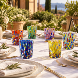 Classic Tumbler Glasses in Blown and Handmade Glass with Murano Murrine, “I Colori di Murano” line 350 ml. Made in Italy