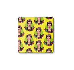 Frida Kahlo-themed coaster featuring a repeating pattern of the artist's iconic portrait on a yellow background.