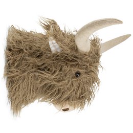  A plush, furry Scottish Highland cow wall hanging with a brown, shaggy coat and curved horns.