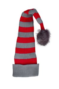 Flat Knitted Santa Hat - Grey and Red Stripes