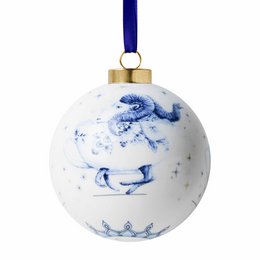  Round white ceramic Christmas ornament with blue ram design, gold cap, navy ribbon, delft style decoration.