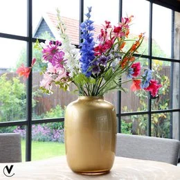 Tall, round gold vase with a smooth, metallic finish.