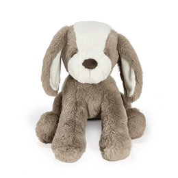  Soft, plush dog-shaped stuffed animal in brown and white colors, with floppy ears and a friendly expression.