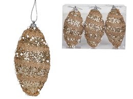  A set of 3 gold glitter Christmas ornaments in an oval shape, measuring approximately 6x6x12cm.