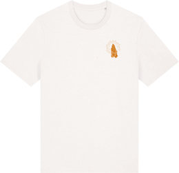  Offwhite unisex cycling t-shirt with bicycle and religious text graphic print, short sleeves