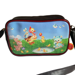  Vintage shoulder bag with colorful animals, tiger, birds, flowers, blue sky, green grass design, black straps.