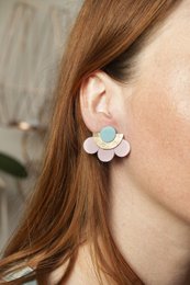 Pendientes grandes Flor - cuero azul con oro rosa