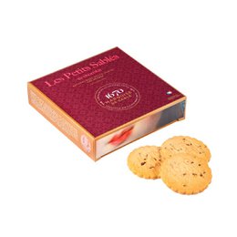 Chocolate chip shortbread cookies in a 100g cardboard box. The cookies have a golden brown color and appear to be round in shape.