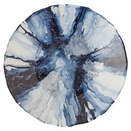 This abstract blue bowl features a swirling, textured design in shades of blue, white, and gray. The bowl has a unique, organic shape that would make it a striking decorative piece for any home.