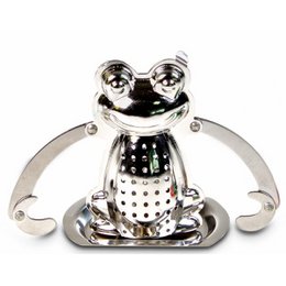 A silver-colored tea strainer in the shape of a frog, with a round body and large eyes. The frog has a perforated design to allow the tea leaves to steep.