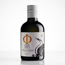  Dark glass bottle, organic extra virgin olive oil, Mavrolia variety, minimalist label design, premium quality.