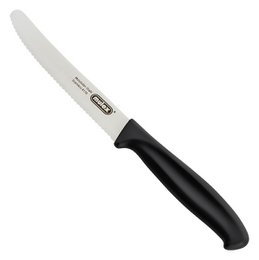 A black-handled universal kitchen table knife with a serrated stainless steel blade.