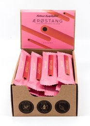 Raspberry-flavored candy bar in a pink and brown packaging.