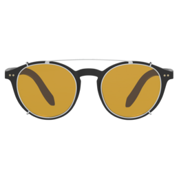 Black frame eyeglasses with yellow-tinted lenses. Everyday lens with heavy duty clip-on design.