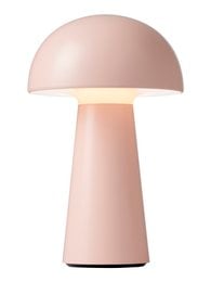 A tall, round table lamp with a red dome-shaped shade and a cylindrical base.