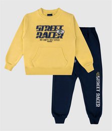  Yellow and navy blue kids sweater set with "Street Racer" text graphic print and matching jogger pants.