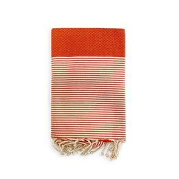 Traditional Fouta mikanda hammam towel in orange color, featuring a striped pattern and a soft, absorbent texture. Measures 200X200 cm.