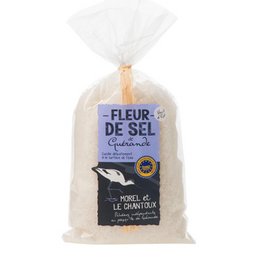 Fleur de sel from Guérande PGI - 250g bag. Artisanal sea salt with a delicate, crunchy texture. Ideal for seasoning and finishing dishes.
