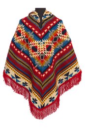  Vibrant red, orange, and blue poncho with a geometric tribal pattern and fringed edges. Made of warm, soft material suitable for cold weather.