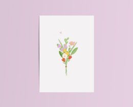 Colorful bouquet of flowers on a thank you card, featuring a variety of blooms in shades of pink, yellow, and green.