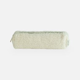  Beige teddy bear-shaped pencil case made of soft, plush material. Ideal for storing pens, pencils, and other small stationery items.
