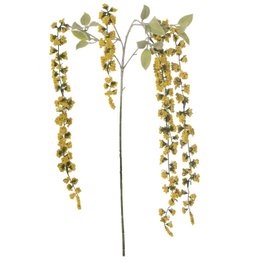 Artificial yellow floral plant with green leaves. The plant has long trailing stems with clusters of small yellow flowers.