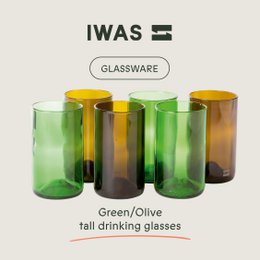 Set of 6 olive-colored drinking glasses, made of glass, suitable for long drinks.