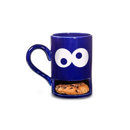 Blue ceramic mug with a monster face design and a cookie compartment at the bottom.