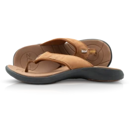 Cognac and black leather flip flops with a comfortable, supportive sole design. Suitable for casual wear.