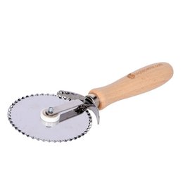  A pizza, cookies, and pies cutter with a toothed stainless steel blade and a wooden handle. The circular blade is designed to easily slice through pizza, cookies, and pies.