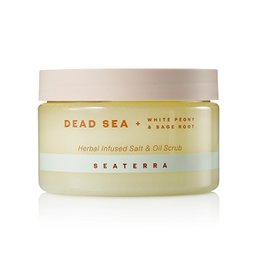 Herbal infused salt and oil scrub with white peony and sweet basil scent. Exfoliates and nourishes skin.