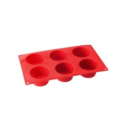 A red silicone 6-cavity muffin pan for baking muffins or cupcakes. The pan has a flexible, non-stick surface and is oven-safe up to 450°F.