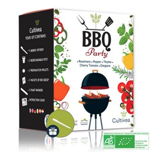 CULTIVEA® Mini Kit Ready to Grow BBQ Party – 100 % ökologische und biologische Samen – Gärtnern und genießen – Geschenkidee (Rosmarin, Thymian, Oregano, Kirschtomate, Pfeffer) – Hergestellt in Frankreich