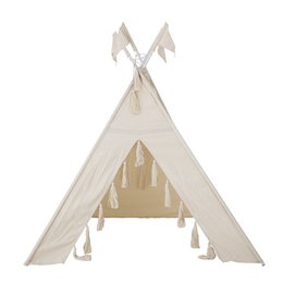 A beige cotton children's teepee with wooden poles and tasseled edges, designed for indoor or outdoor play.
